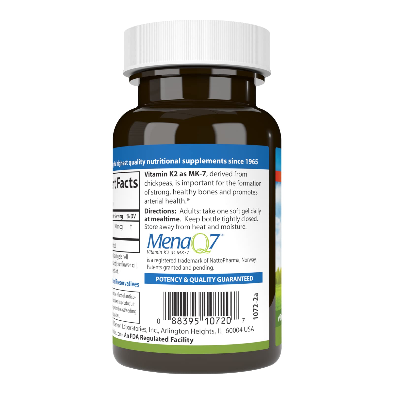 Carlson K2 MK-7 bottle label featuring MenaQ7 clinically studied ingredient.