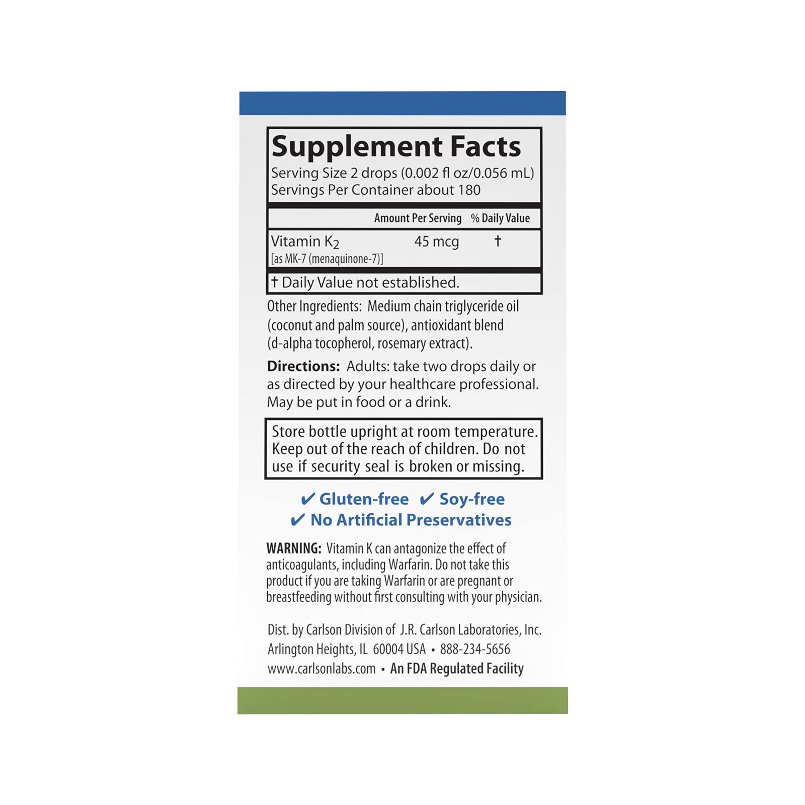 Carlson K2 MK7 label shows 45 mcg per serving for clarity.