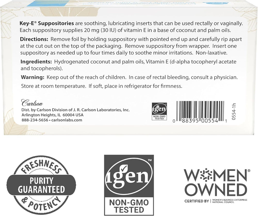 Carlson Key-E Suppositories ingredients panel highlights vitamin E 20 mg per unit