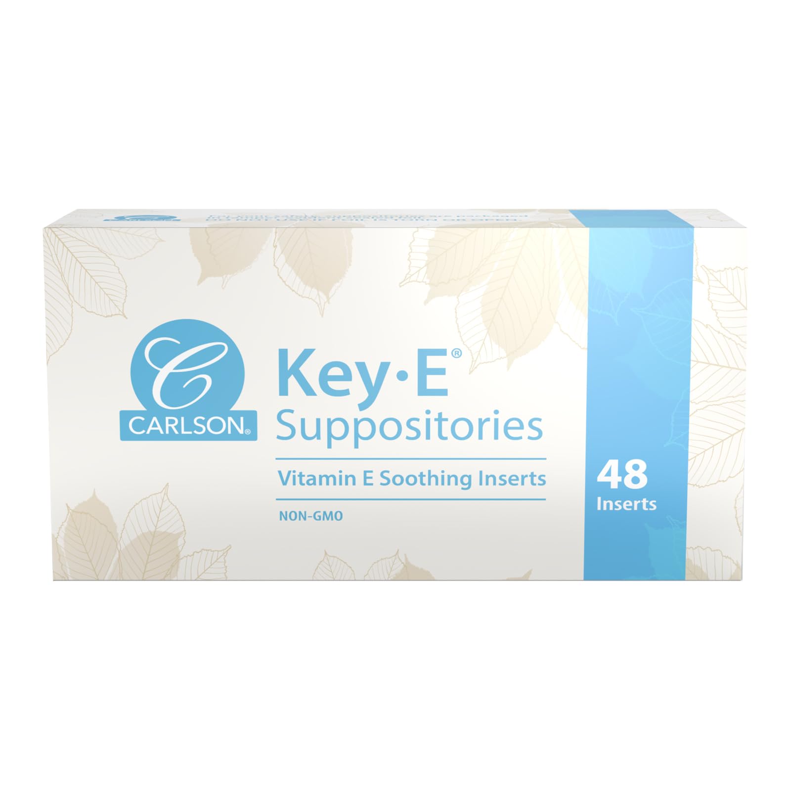 Carlson Key-E Suppositories packaging shows branding and 48-count bottle for easy purchase