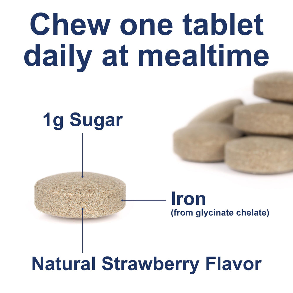 Carlson Kid's Chewable Iron chewables on a kitchen counter with water.