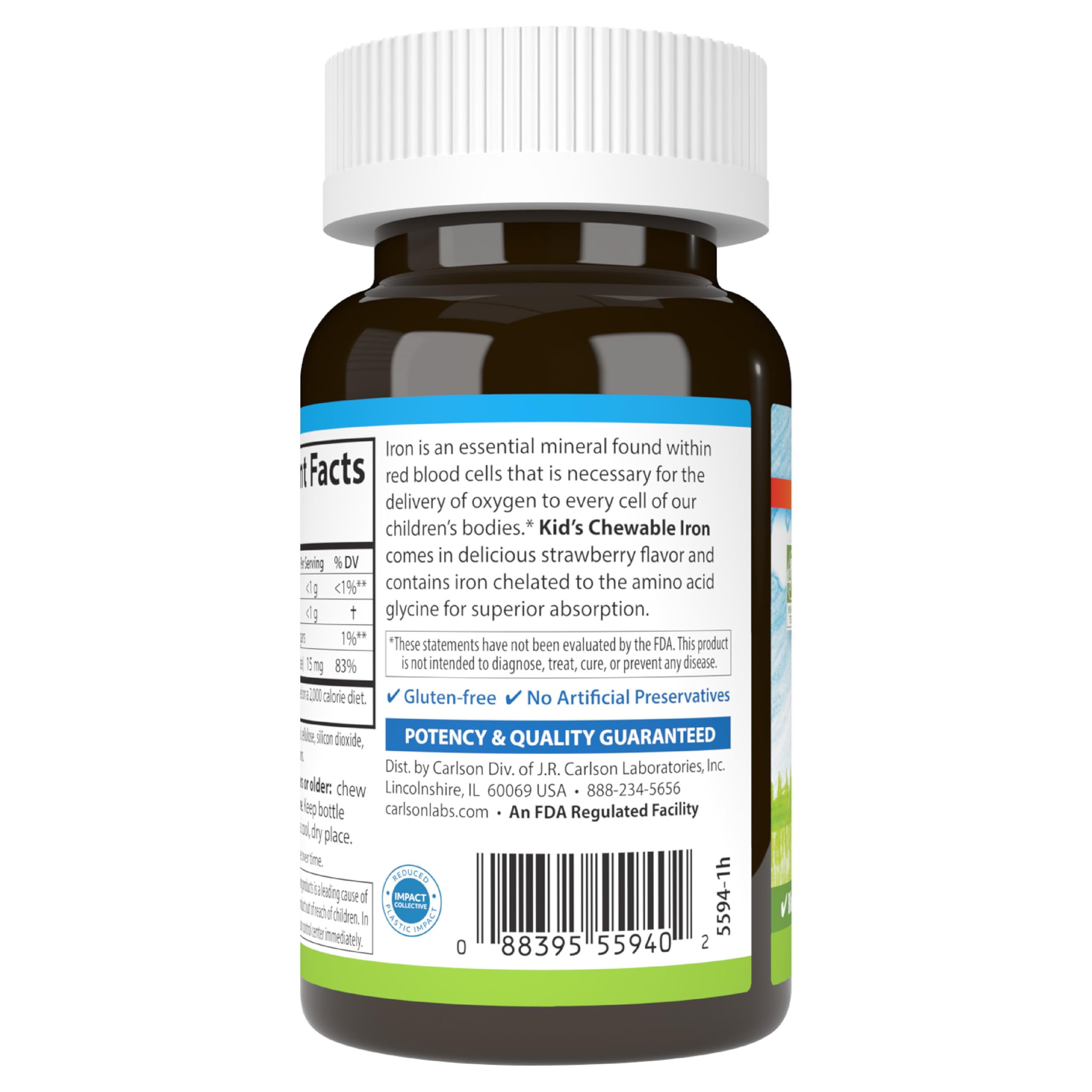 Carlson Kid's Chewable Iron morning routine setup with a glass of juice.