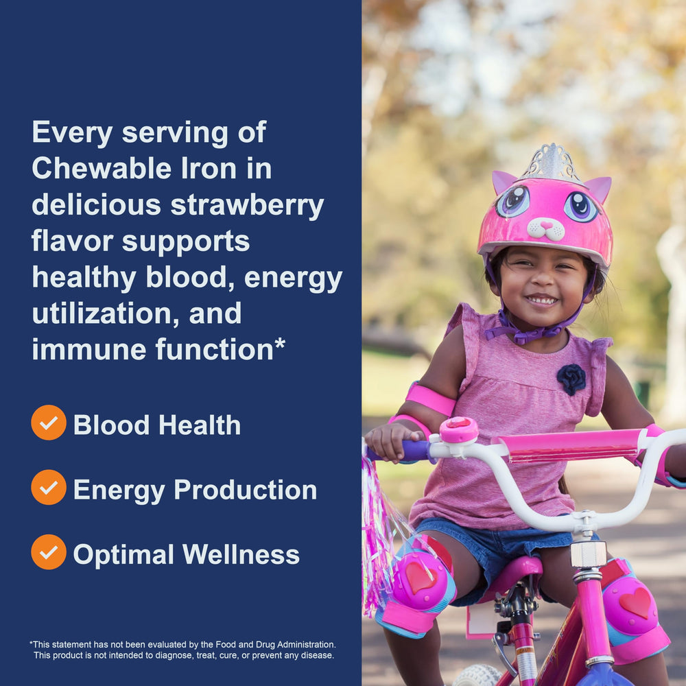 Carlson Kid's Chewable Iron strawberry flavor tablets show kid-friendly taste.