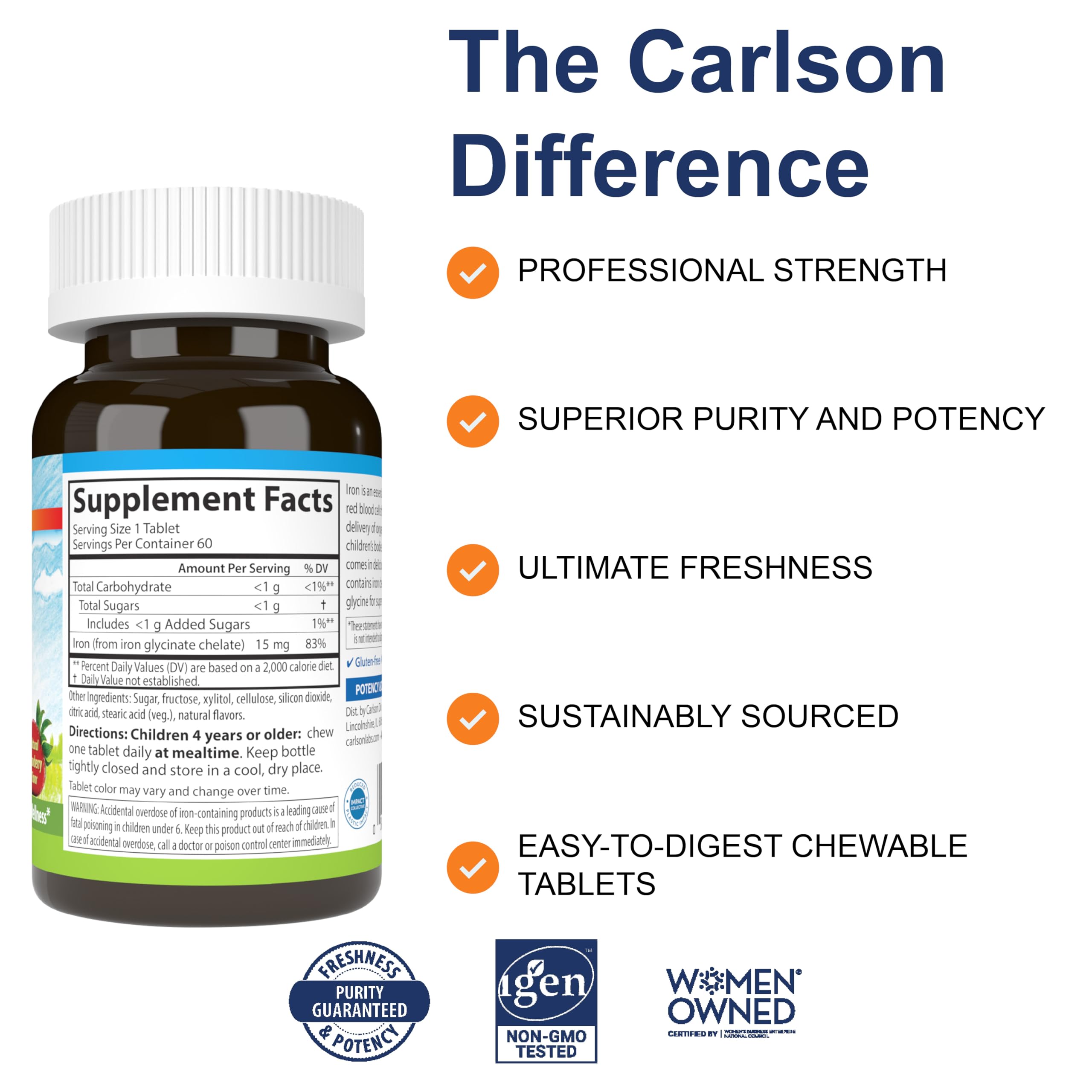 Carlson Kid's Chewable Iron tablets held in hand for easy daily use.