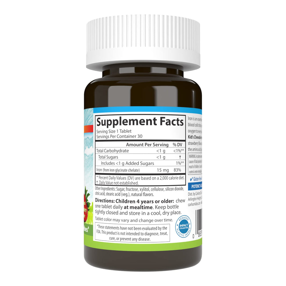 Carlson Kid's Chewable Iron bottle back label highlights iron content and directions.