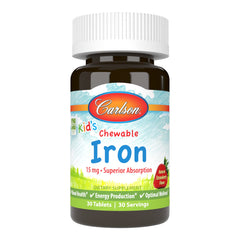 Carlson Kid's Chewable Iron bottle front shows strawberry flavor and friendly packaging.