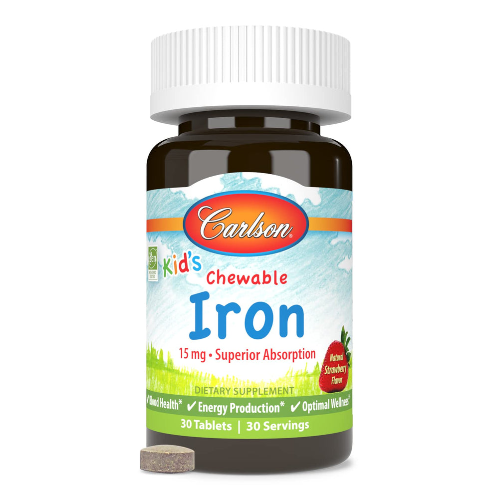 Carlson Kid's Chewable Iron strawberry flavor package communicates tasty iron option for kids.