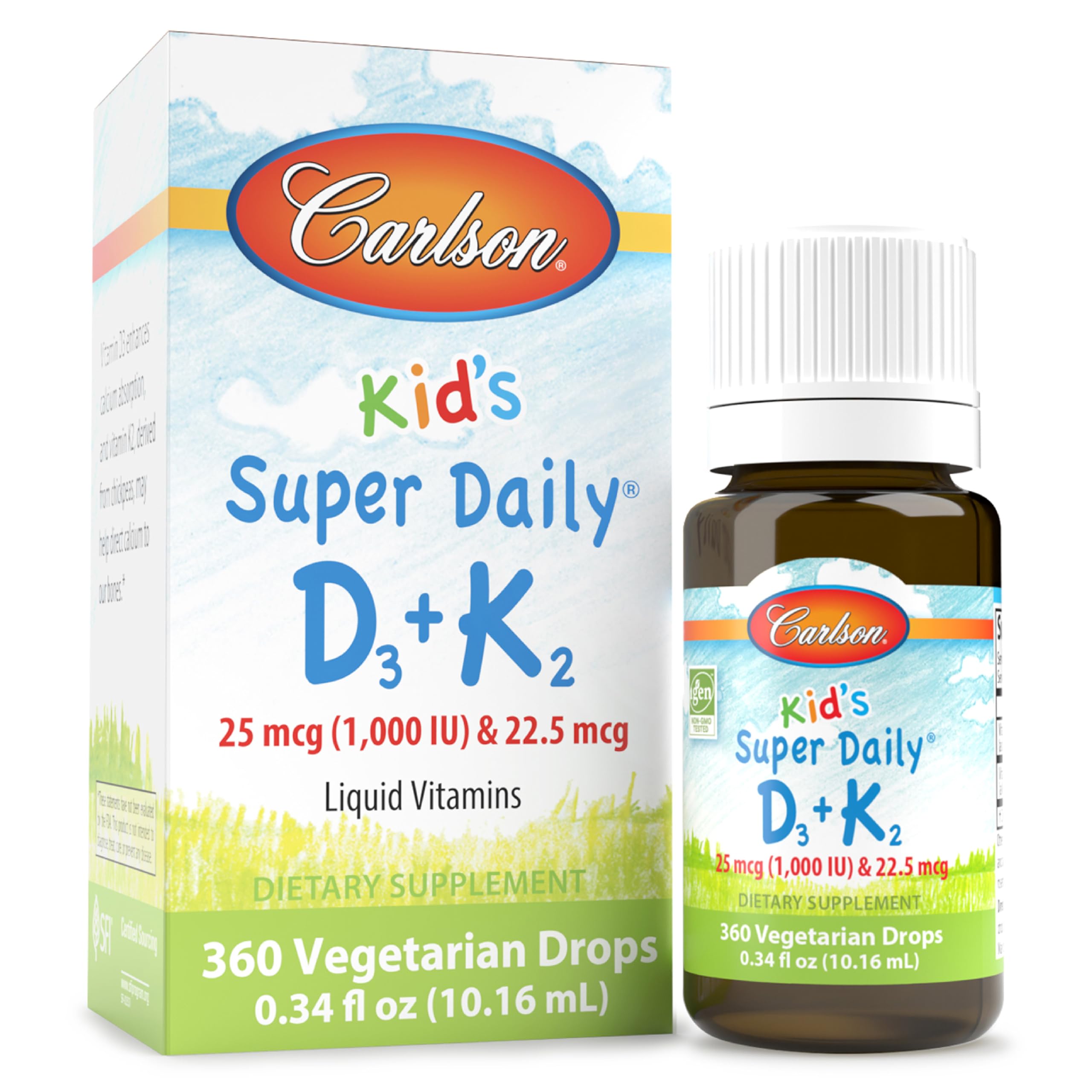 Carlson Kid's D3+K2 drops bottle for easy daily dosing that supports calcium absorption.