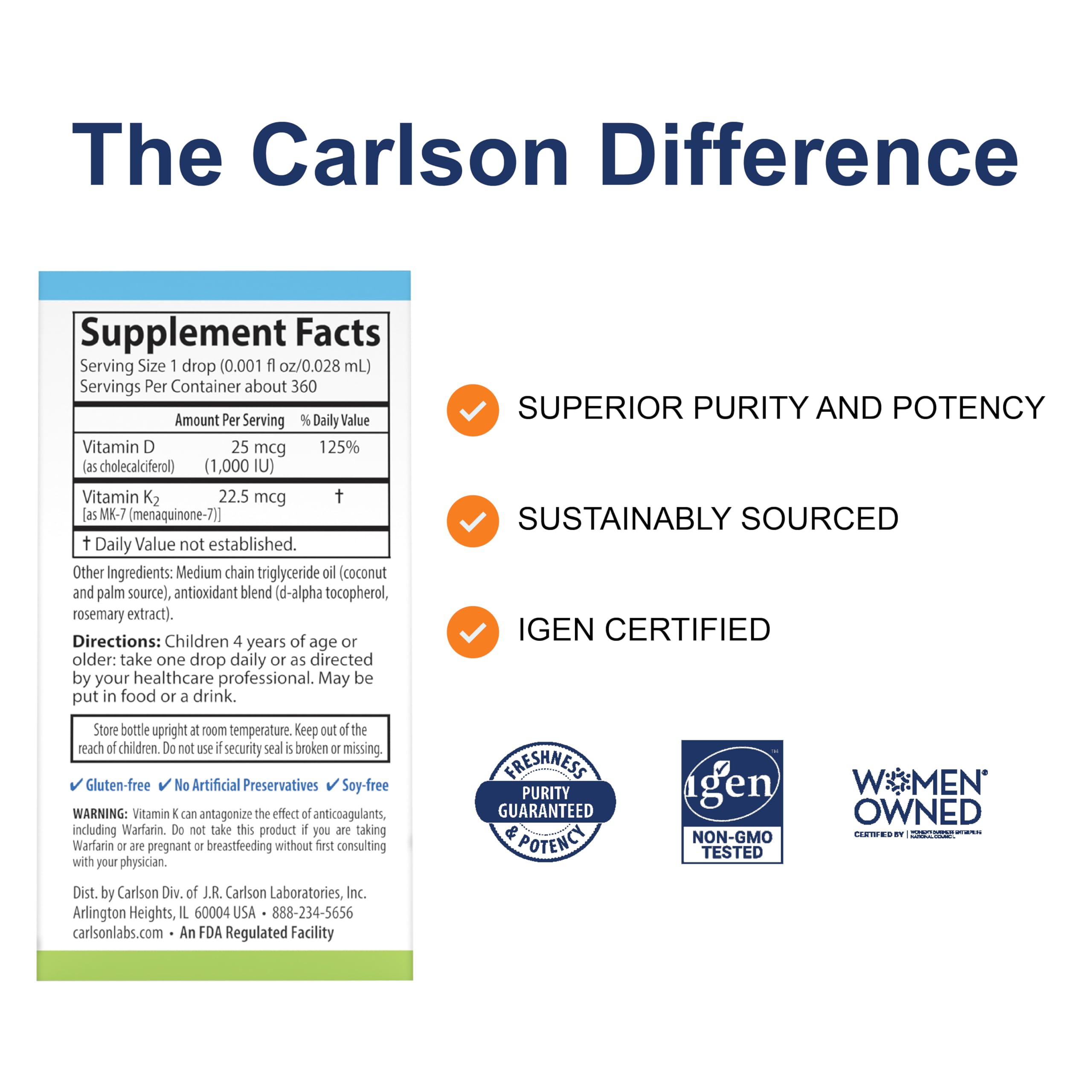 Carlson Kid's D3+K2 drops dropper features precise single-drop dosing.