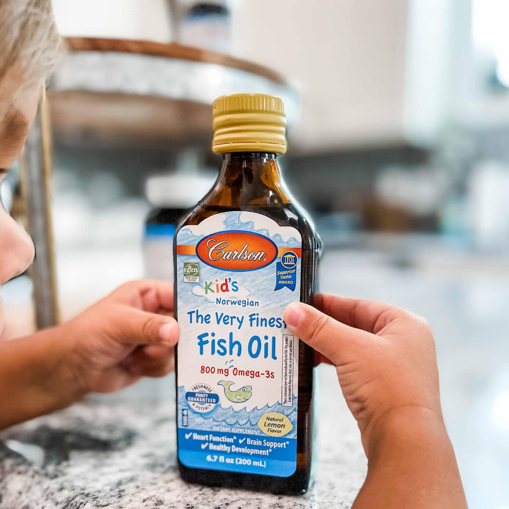 CarlsonKids fish oil lemon ingredient panel shows DHA and EPA content.