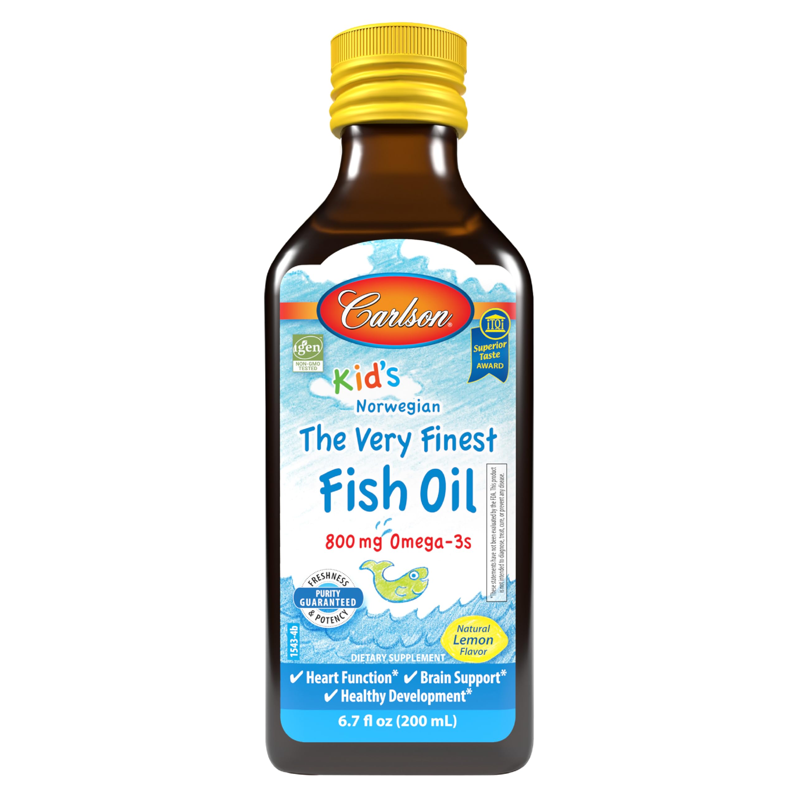CarlsonKids fish oil lemon bottle front highlights kid-friendly omega-3 source with lemon flavor.