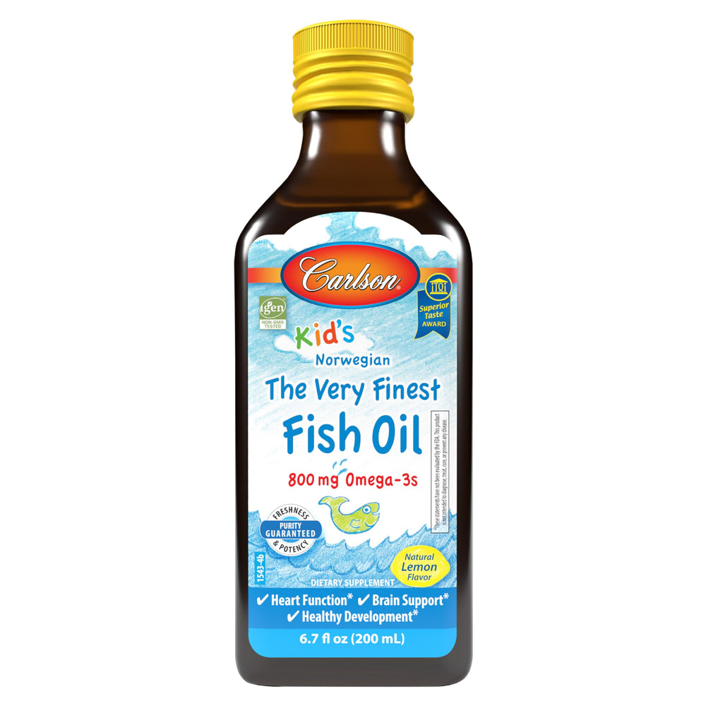 CarlsonKids fish oil lemon bottle front highlights kid-friendly omega-3 source with lemon flavor.