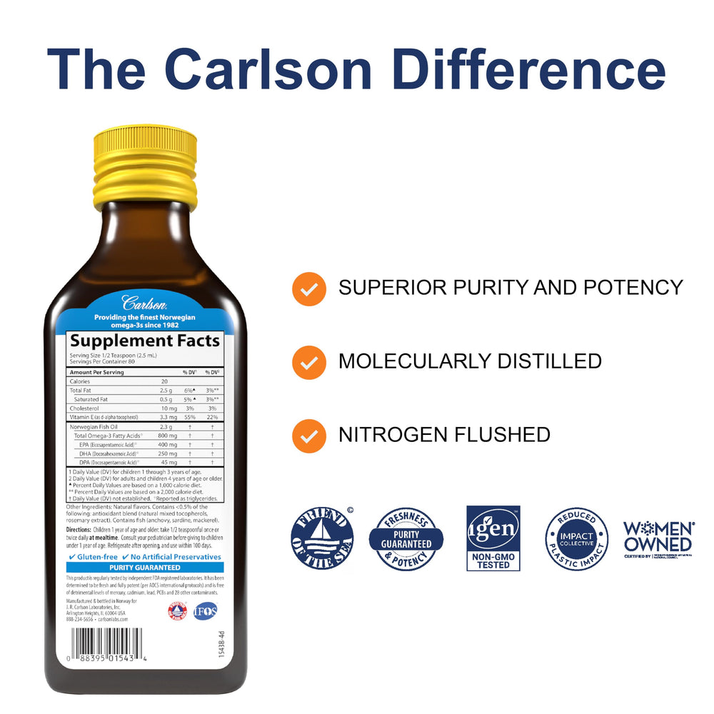 CarlsonKids fish oil lemon bottle pour demonstrates easy dispensing for daily servings.