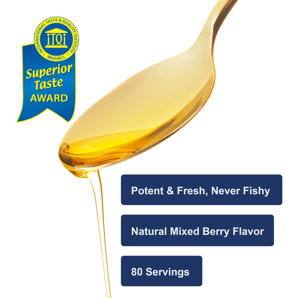 Nutrition label shows 800 mg omega-3s per teaspoon on Carlson Kids bottle