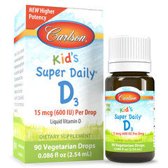 Carlson Kid's Super Daily D3 bottle pouring for easy daily dosing.