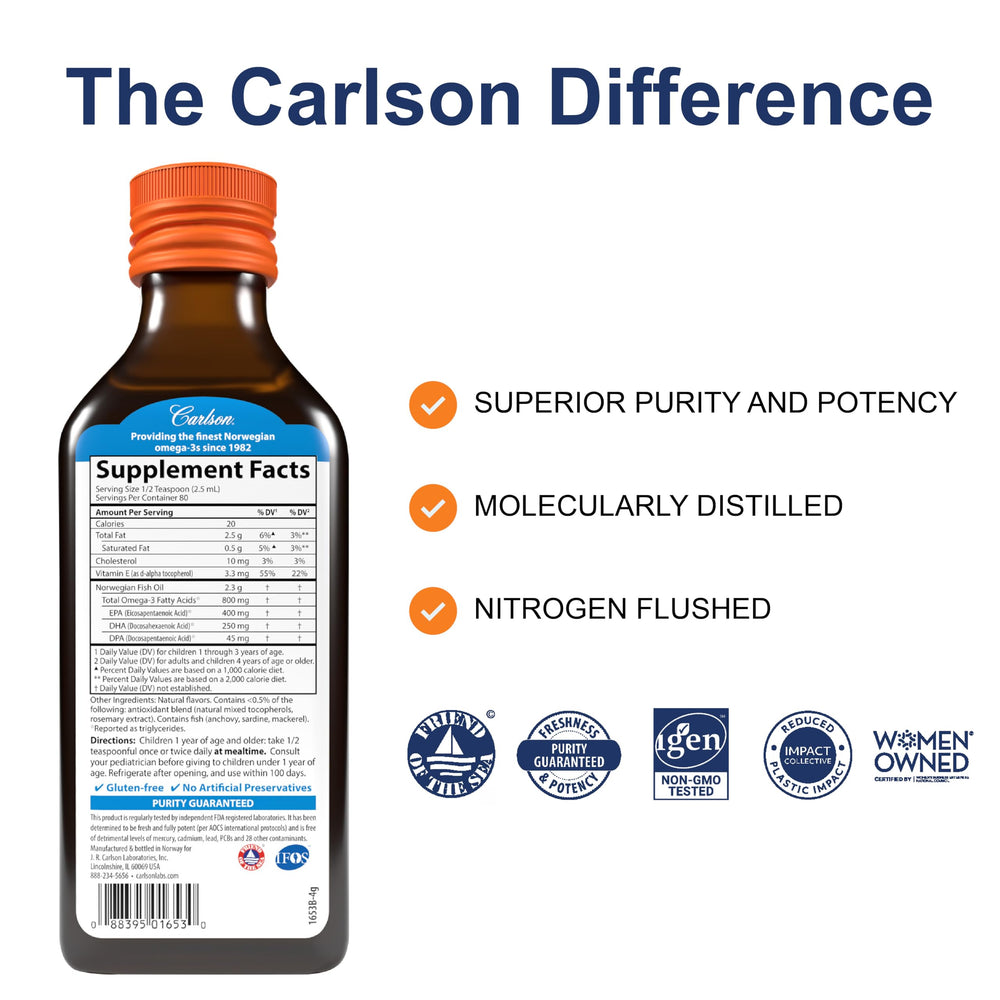 Carlson Kid's The Very Finest Fish Oil teaspoon-dispense shows precise dosing for kids.