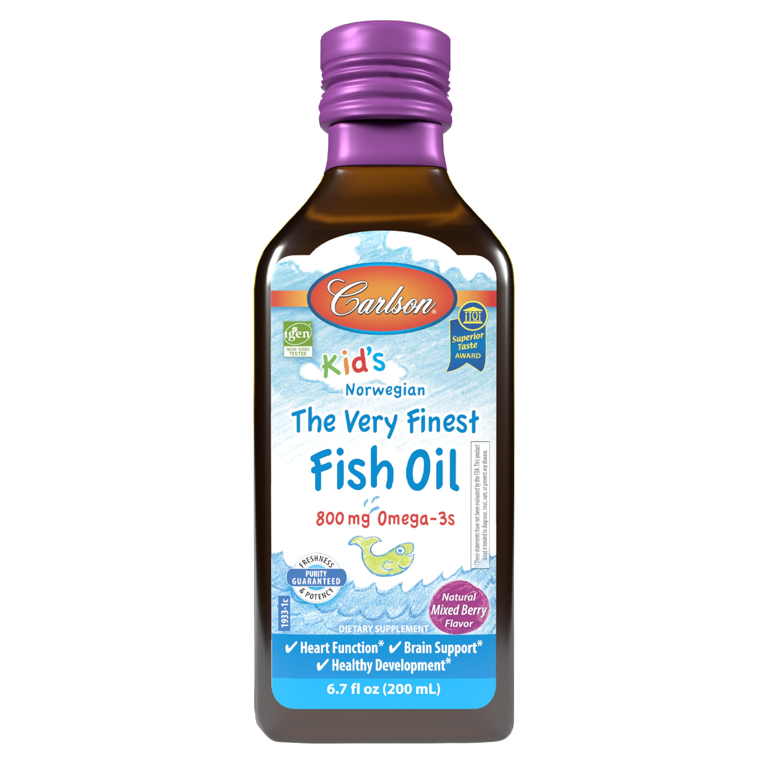 Carlson Kids The Very Finest Fish Oil bottle displaying omega-3 content for daily intake