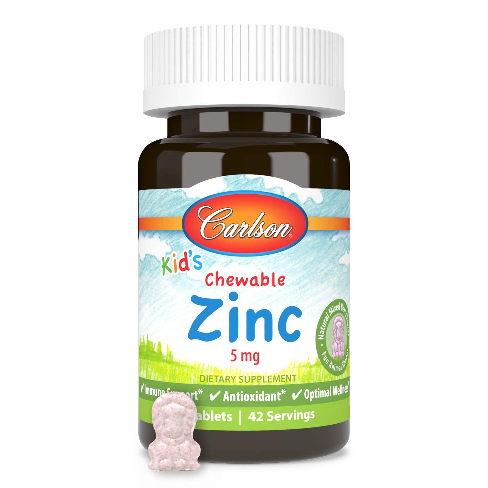 Carlson Kids zinc bottle detail shows potency and quality guaranteed