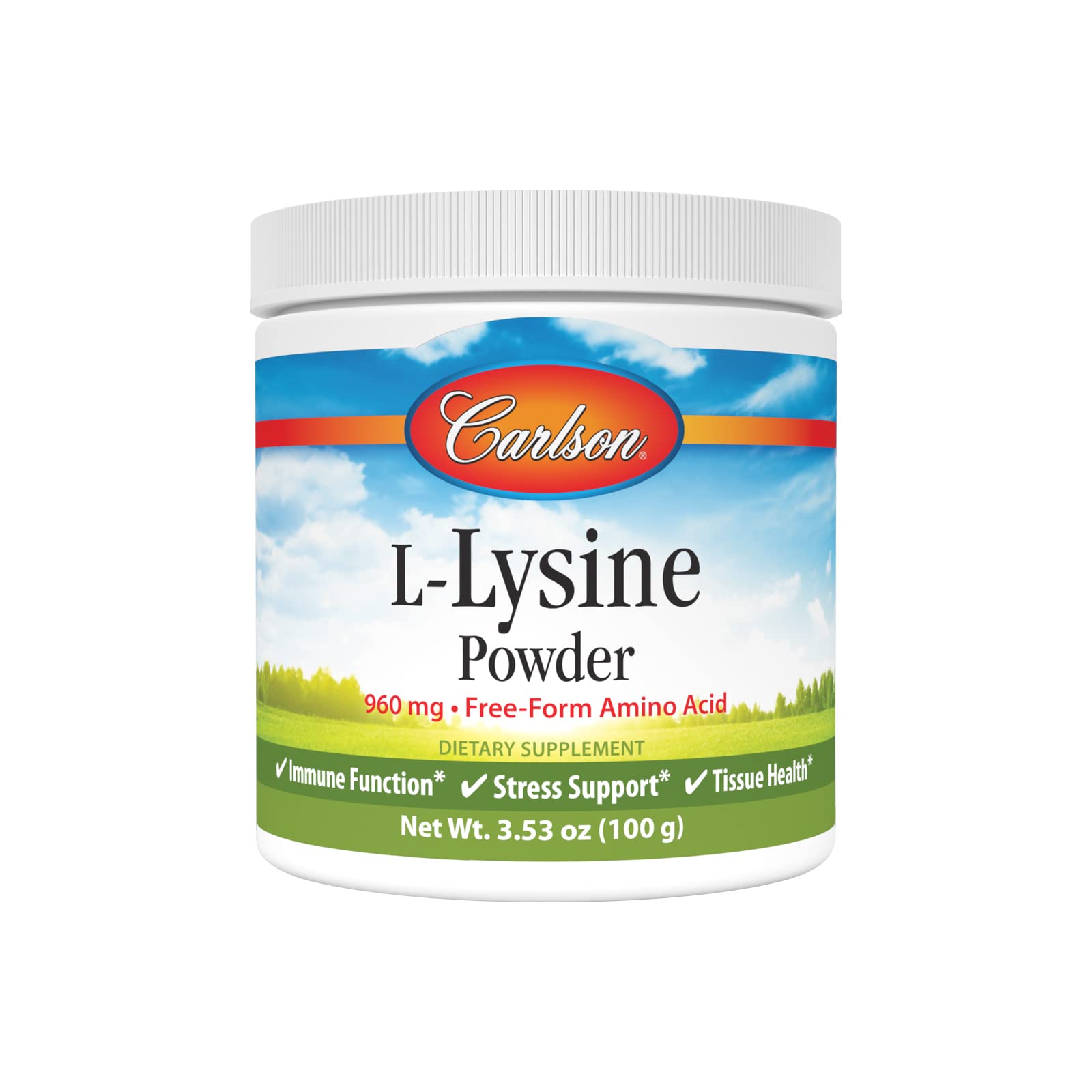 Carlson L-Lysine Powder tub label highlights potency and serving size.