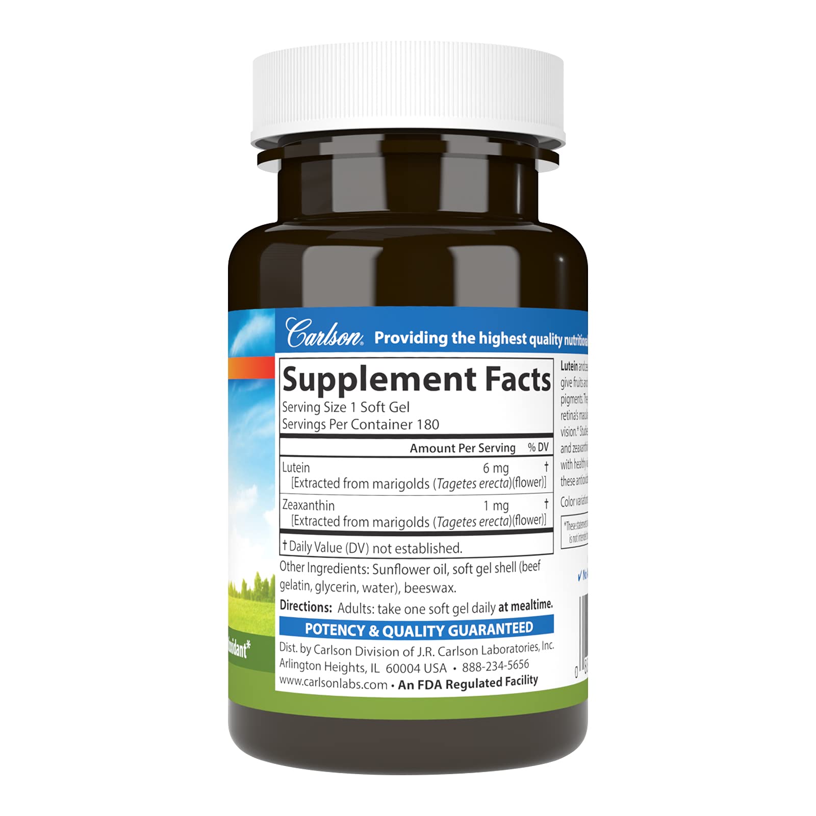 Carlson Lutein 6mg softgels close-up showing smooth capsules for easy intake.