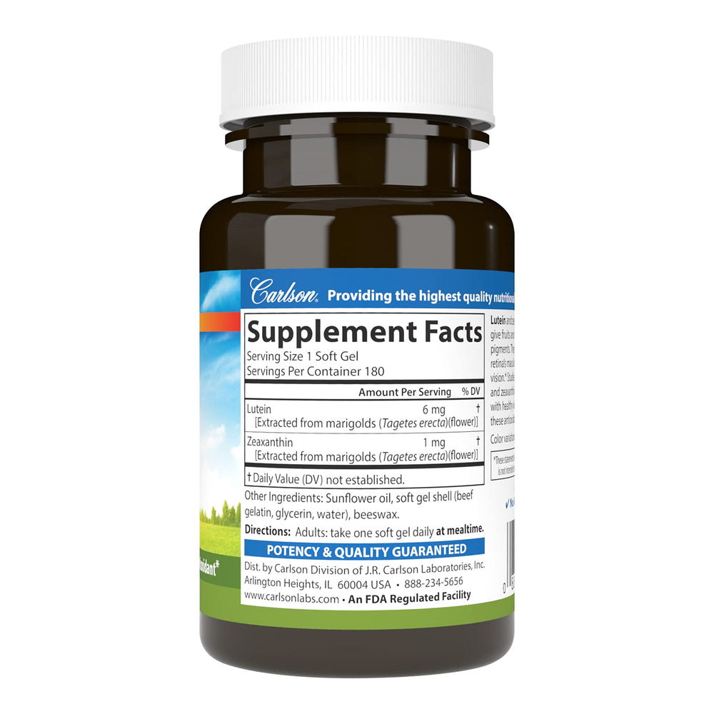 Carlson Lutein 6mg softgels close-up showing smooth capsules for easy intake.