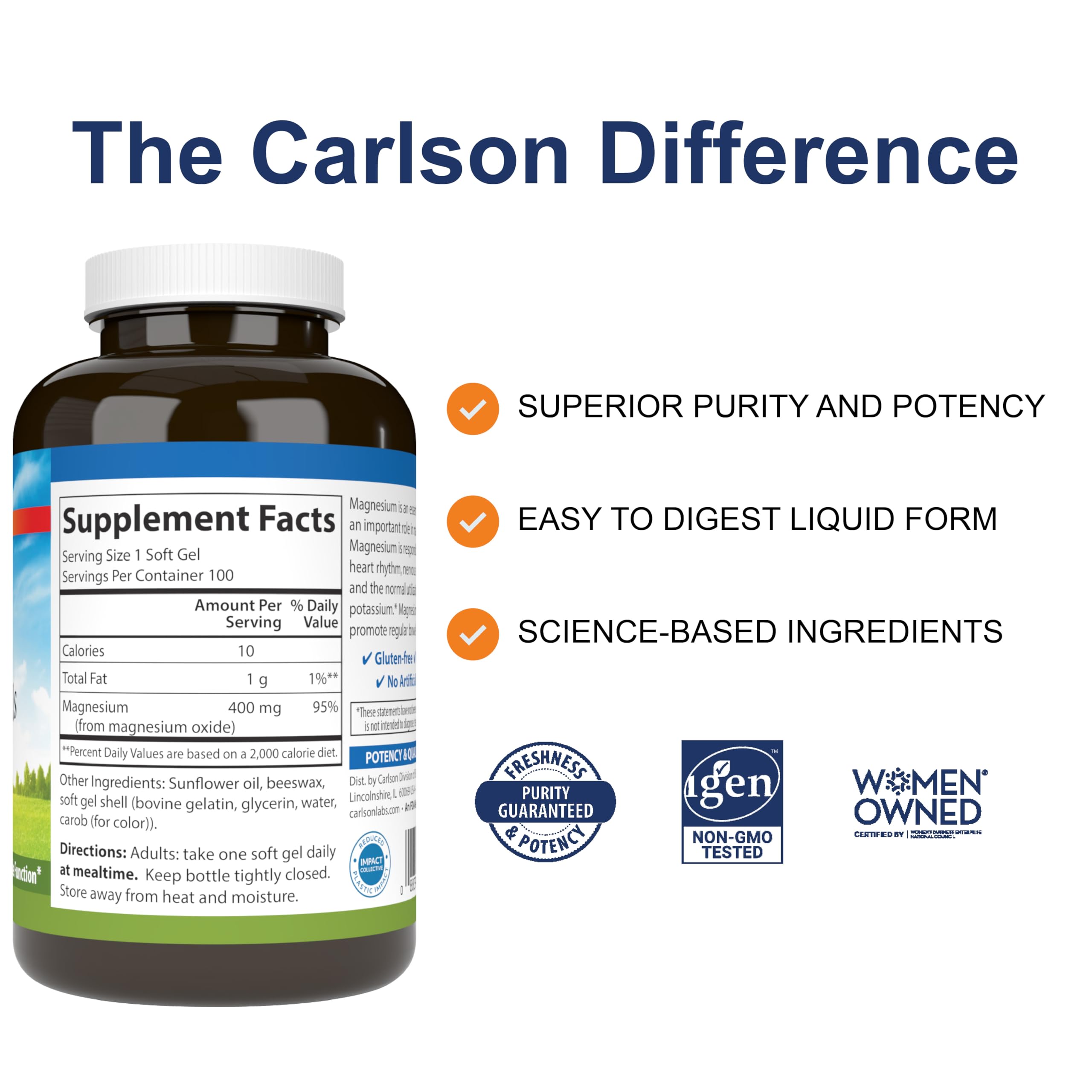 Carlson Magnesium Gels bottle label closeup with 400 mg dosage