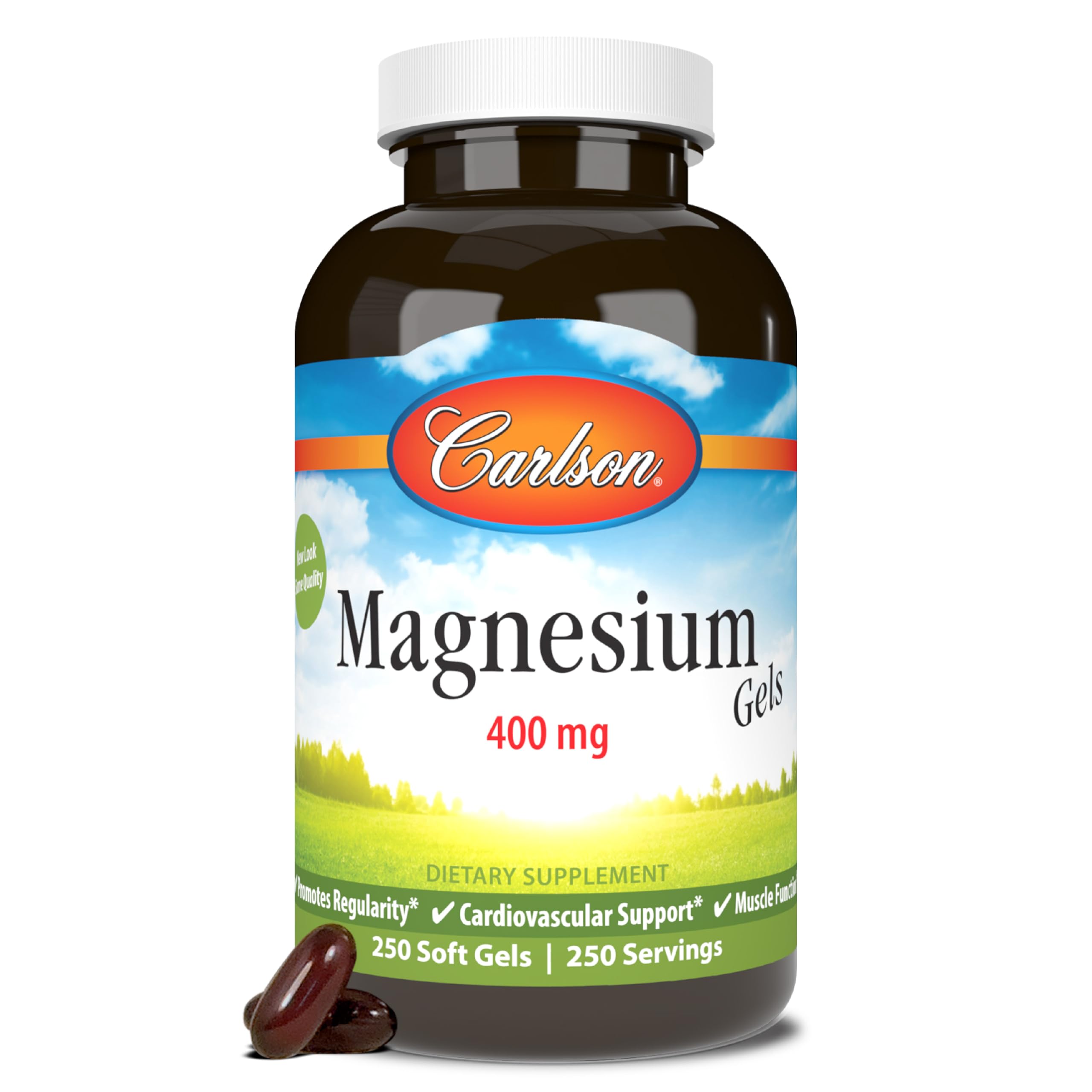 Carlson Magnesium Gels bottle shown with label for daily heart and muscle support.