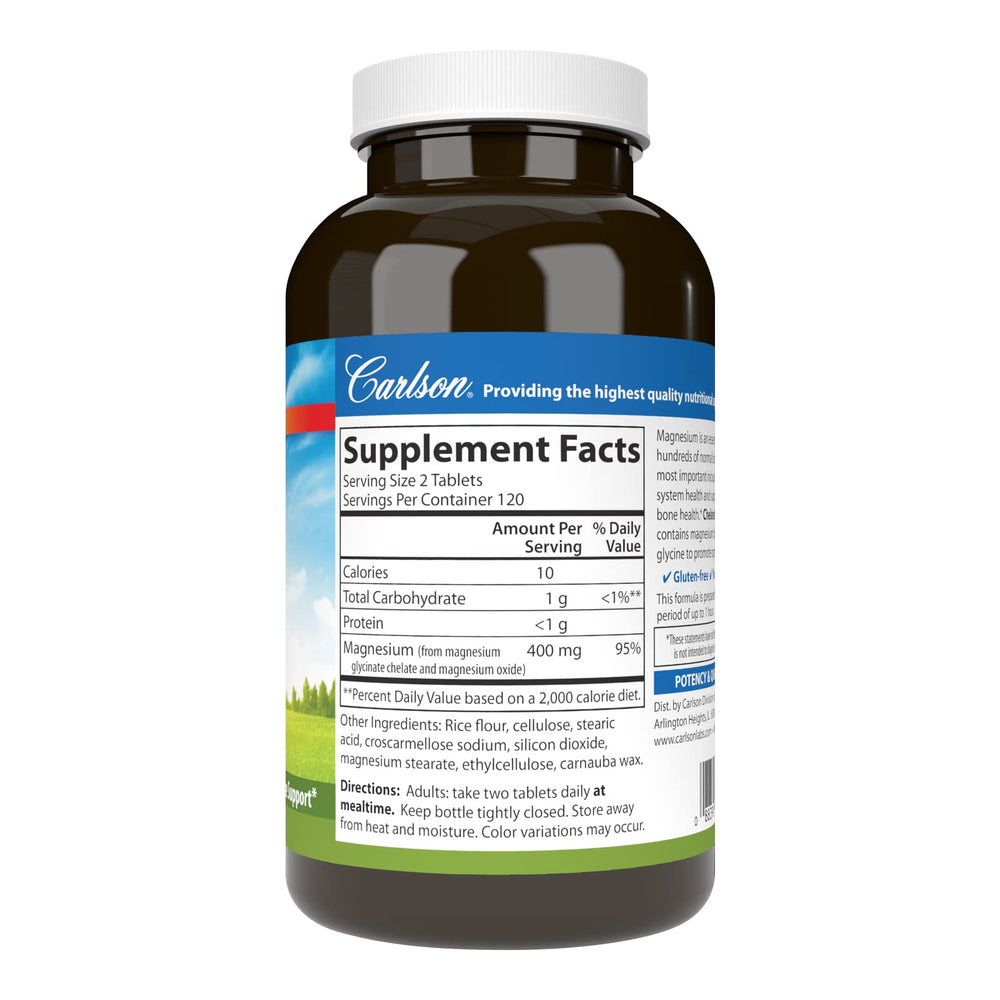 Carlson Magnesium Glycinate bottle back panel with dosage details for informed use
