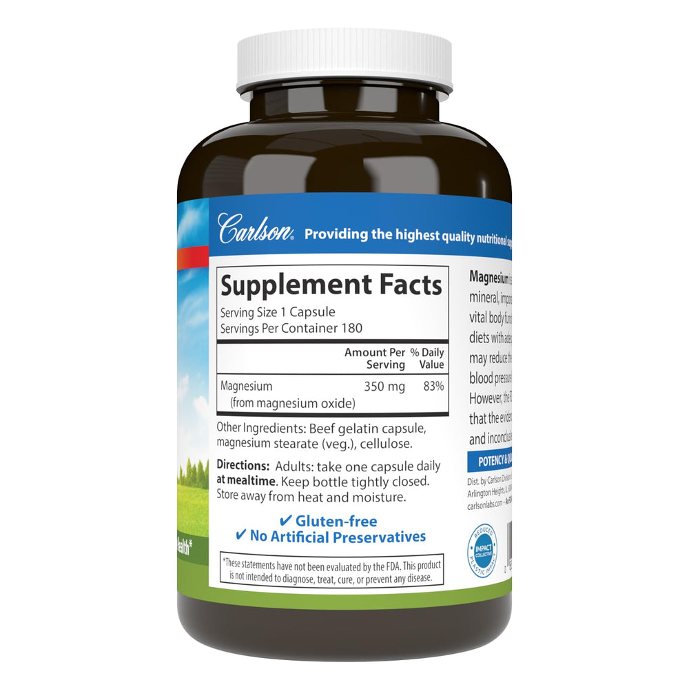 Carlson Magnesium packaging front showing 180 capsules per bottle.