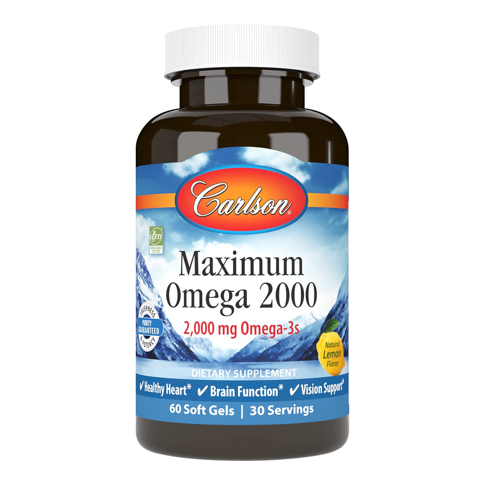 Carlson Maximum Omega 2000 lemon softgel bottle for daily wellness.