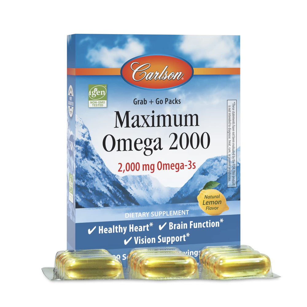 Carlson Maximum Omega 2000 pack front for on-the-go omega-3 convenience.