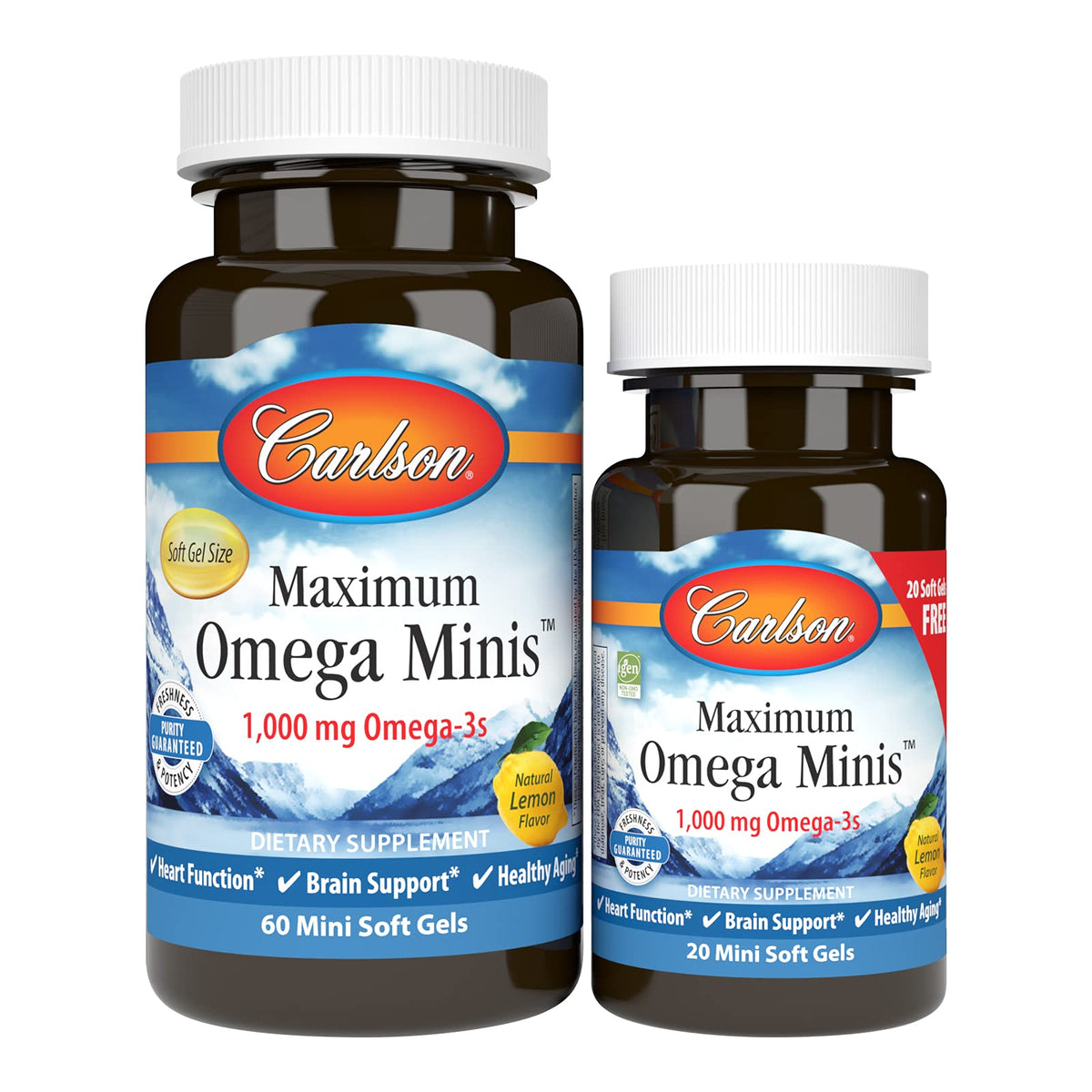 Carlson Maximum Omega Minis lemon bottle showing easy daily omega-3 intake.