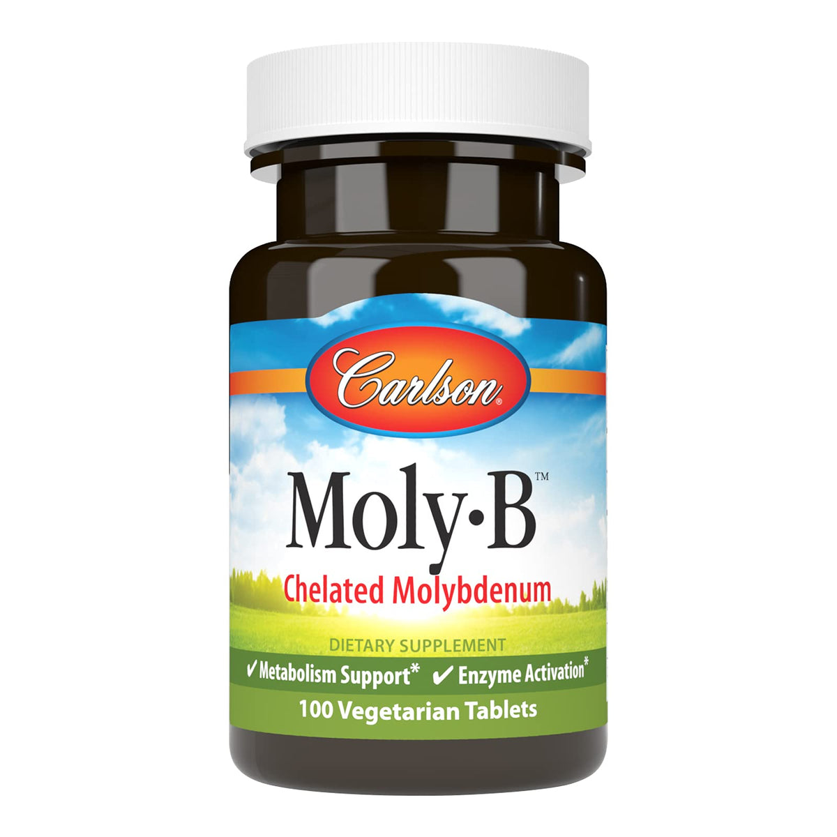 Carlson Moly-B bottle label shows dosage and molybdenum content for metabolism support.