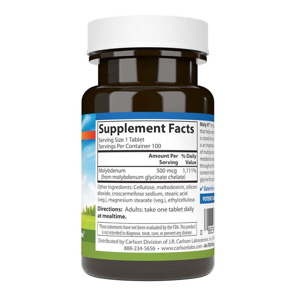 Carlson Moly-B capsules close-up highlight chelated molybdenum for enzyme activation.