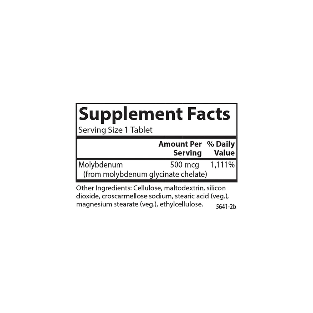 Carlson Moly-B dosing information panel communicates 500 mcg of molybdenum per serving.