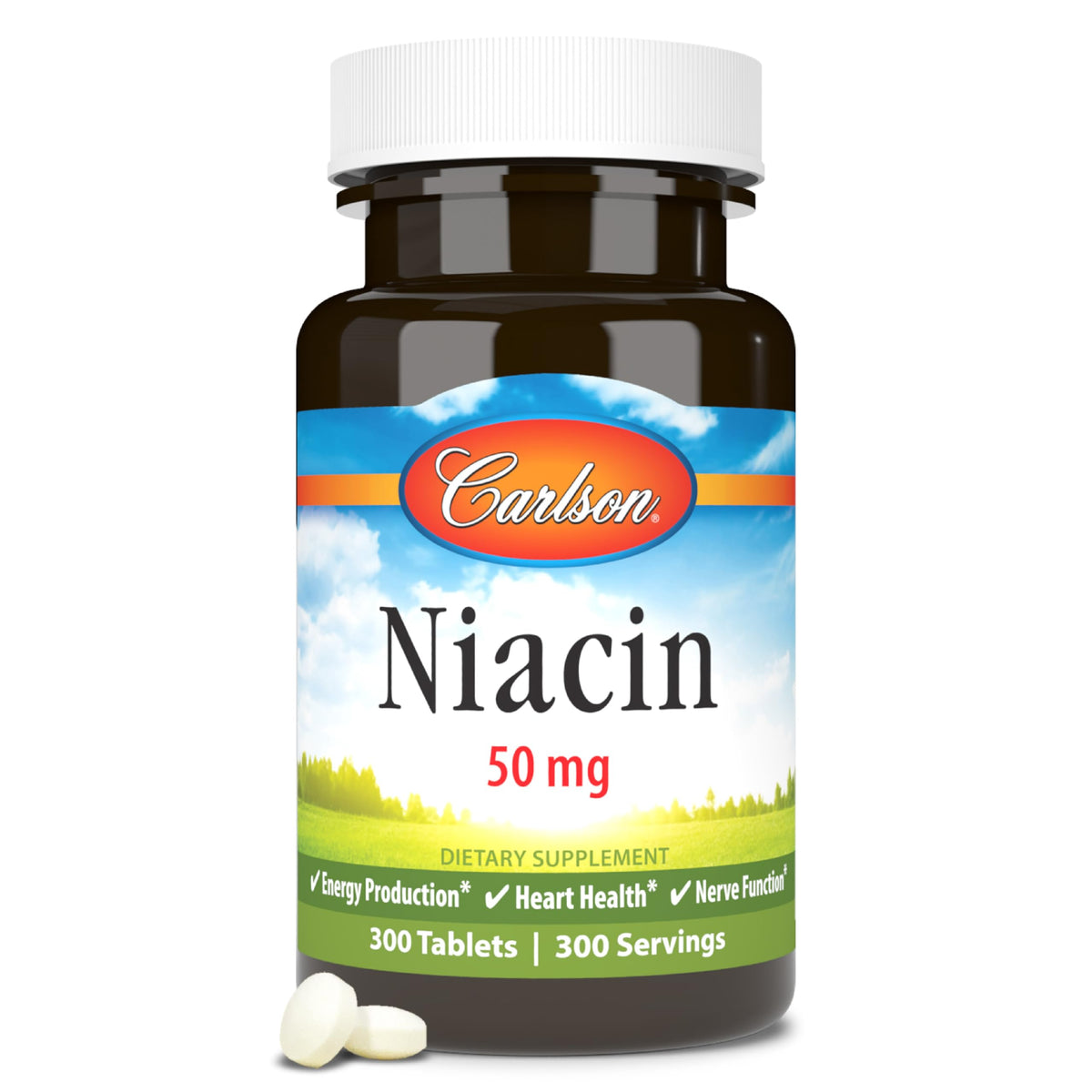 Carlson Niacin 50 mg bottle front showing metabolism support potential