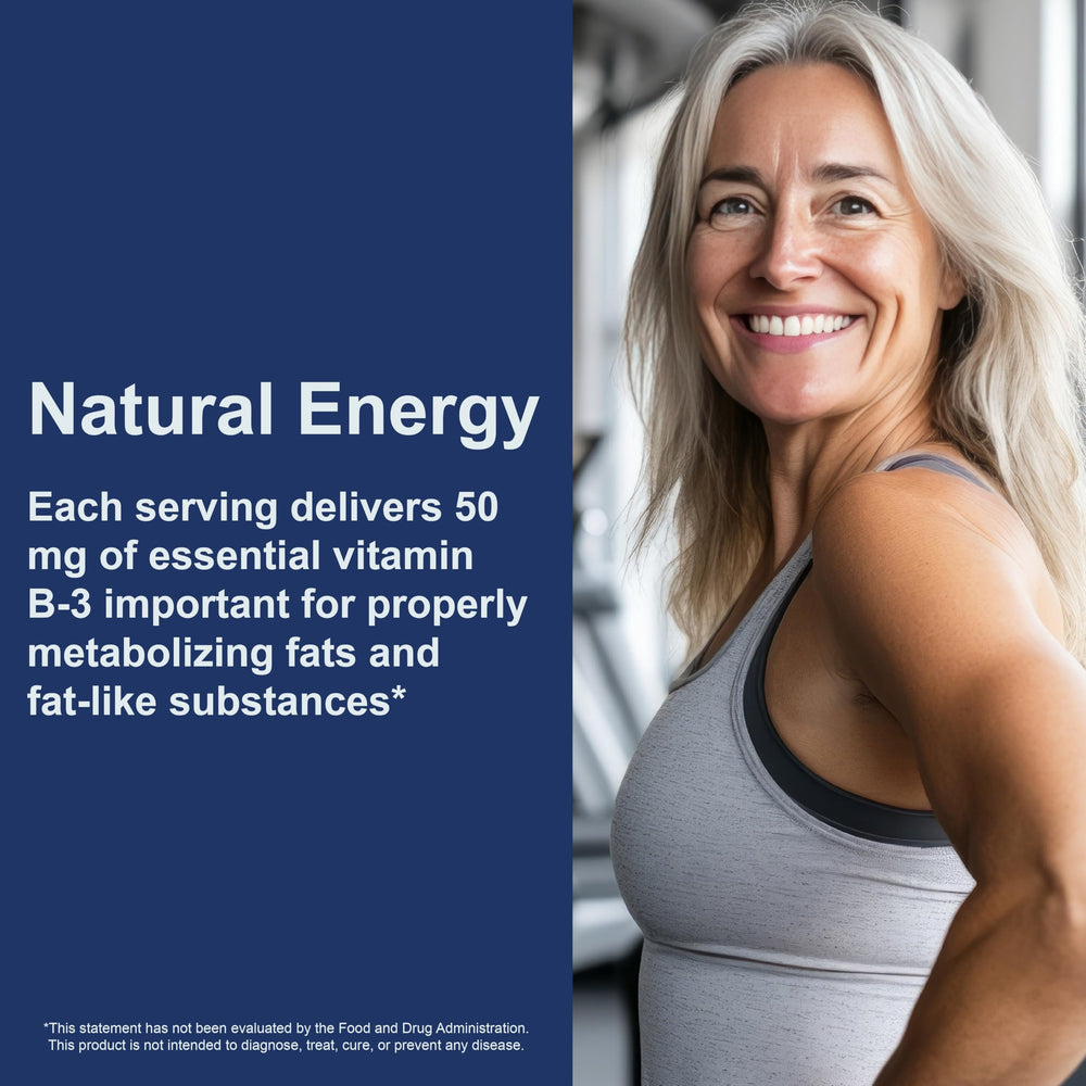 Carlson Niacin 50 mg bottle on counter as part of a daily routine