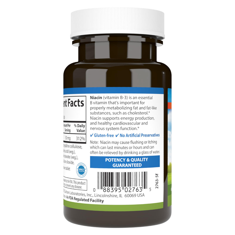 Carlson Niacin 50 mg bottle top view emphasizing easy dosing
