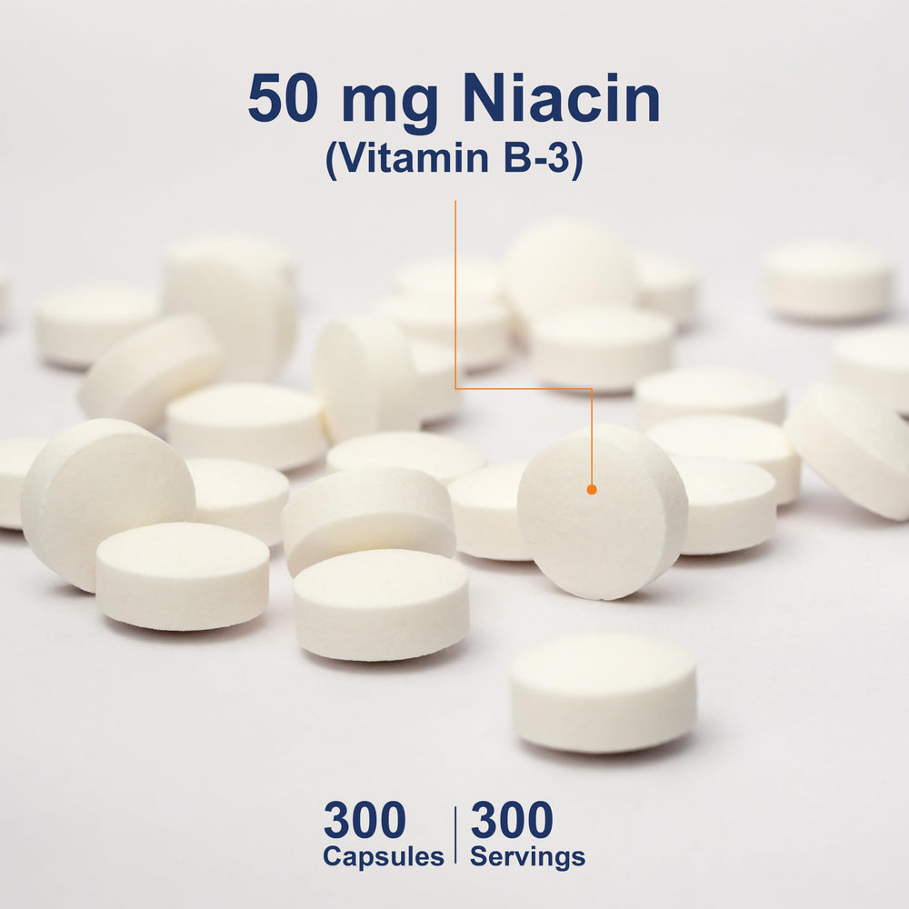 Carlson Niacin 50 mg tablets being poured for daily intake
