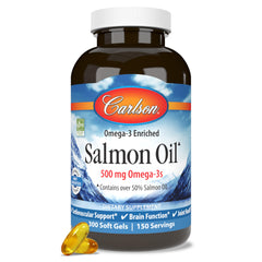 Carlson Salmon Oil bottle showing 500 mg omega-3s for daily wellness