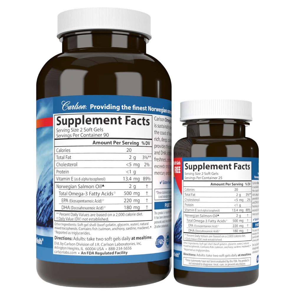 Carlson salmon oil packaging design suggests premium, sustainably sourced supplement on shelves