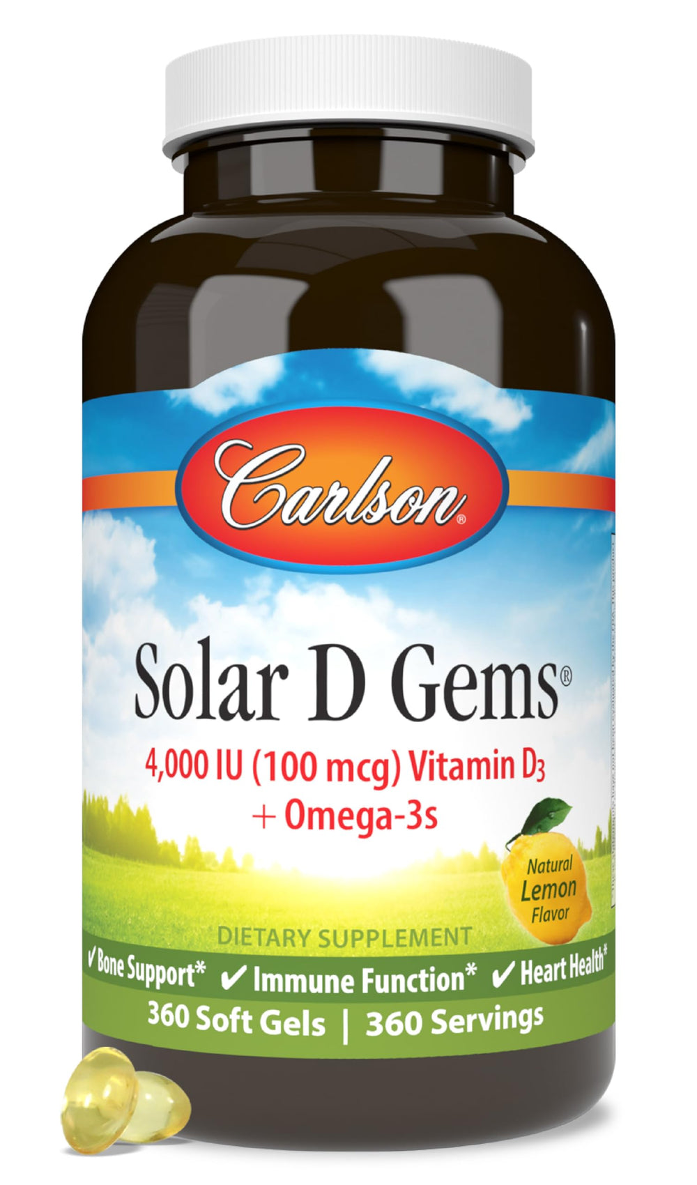 Carlson Solar D Gems bottle front with lemon flavor for daily bone health support.