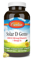 Carlson Solar D Gems bottle front with lemon flavor for daily bone health support.