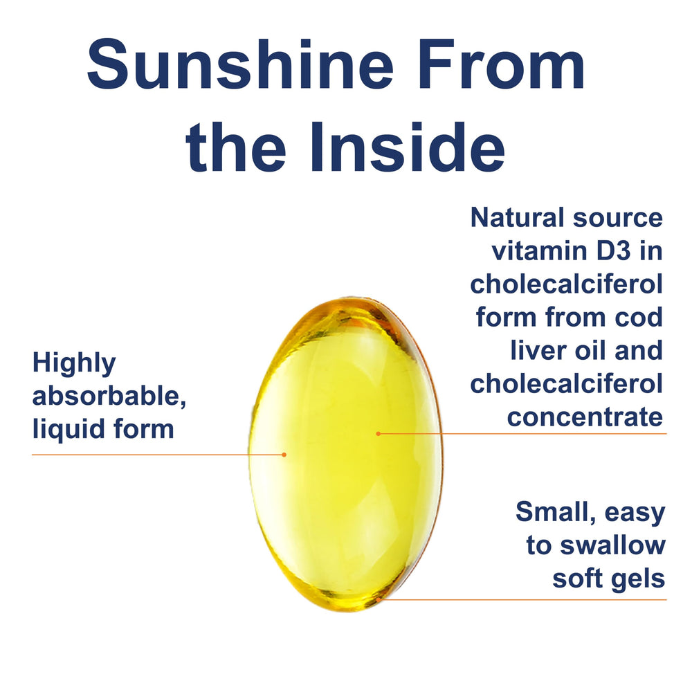Carlson Solar D Gems softgels close-up showing lemon-tinted capsules.