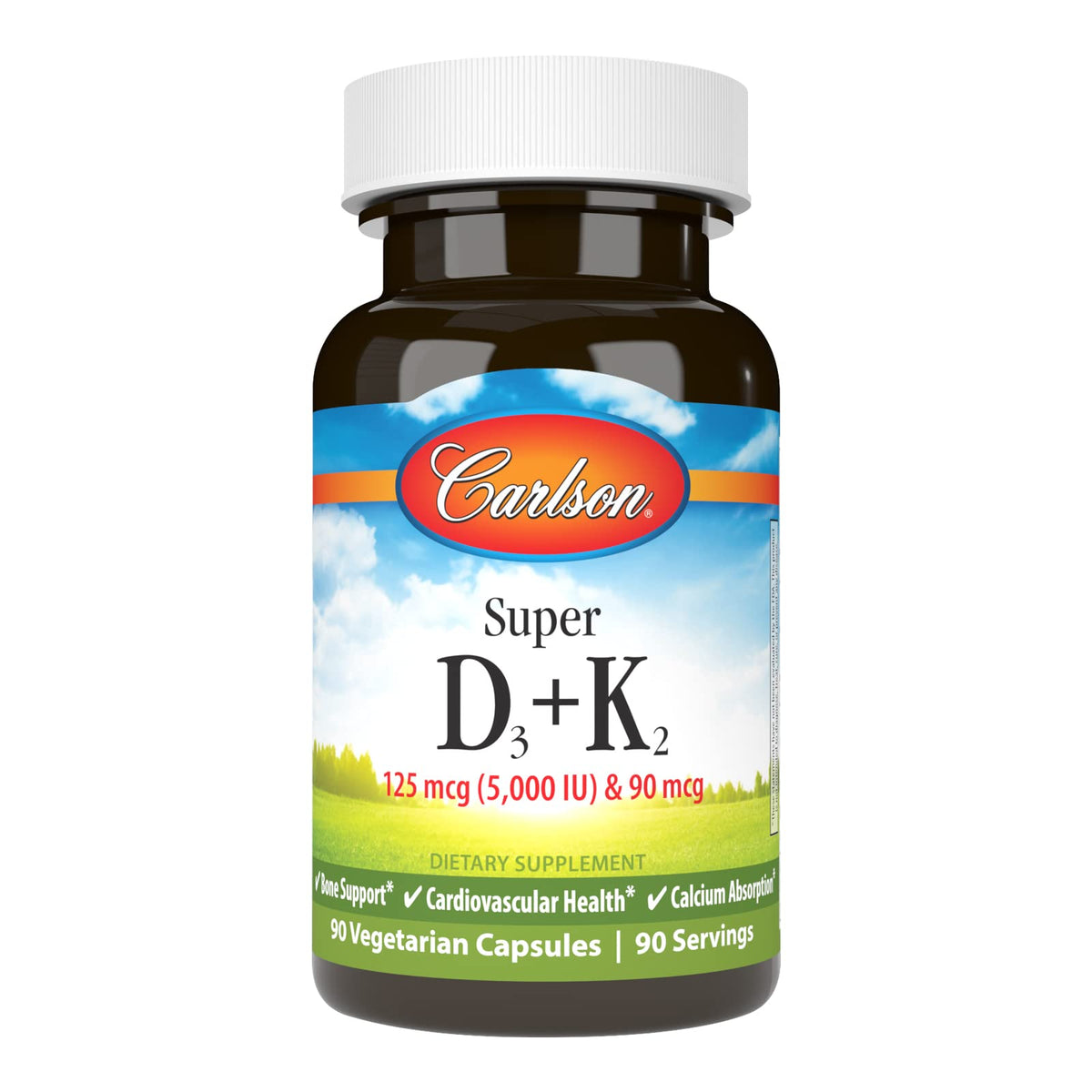 Carlson Super D3 + K2 bottle shows 125 mcg D3 and 90 mcg MK-7 for bone support.