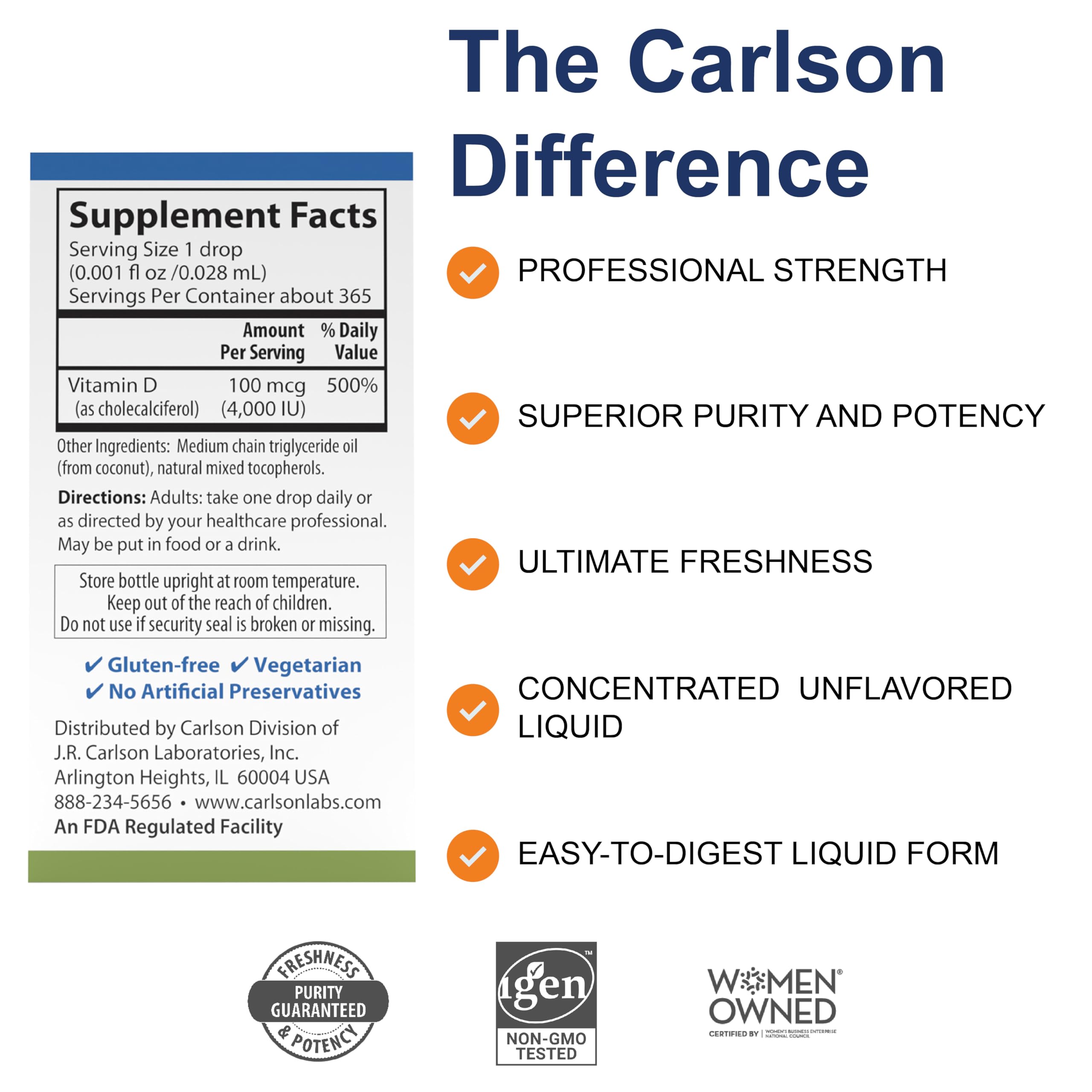 FDA-registered lab testing validates potency and quality of Carlson D3 drops.