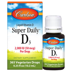 Carlson Super Daily D3 bottle ready for daily dosing with 2,000 IU per drop