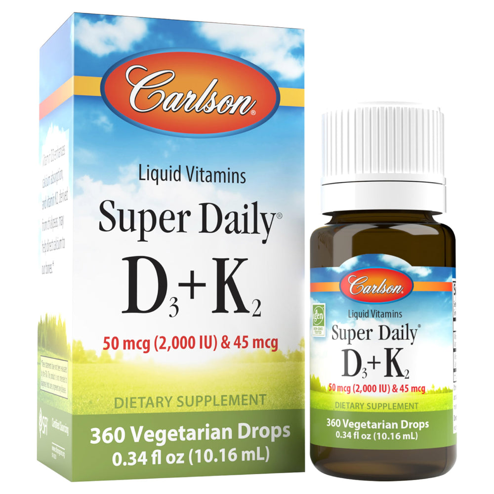 Carlson Super Daily D3 + K2 bottle on table for daily bone-friendly routine.