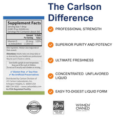 Carlson Super Daily D3 label close-up showing 1,000 IU per drop for precise dosing.