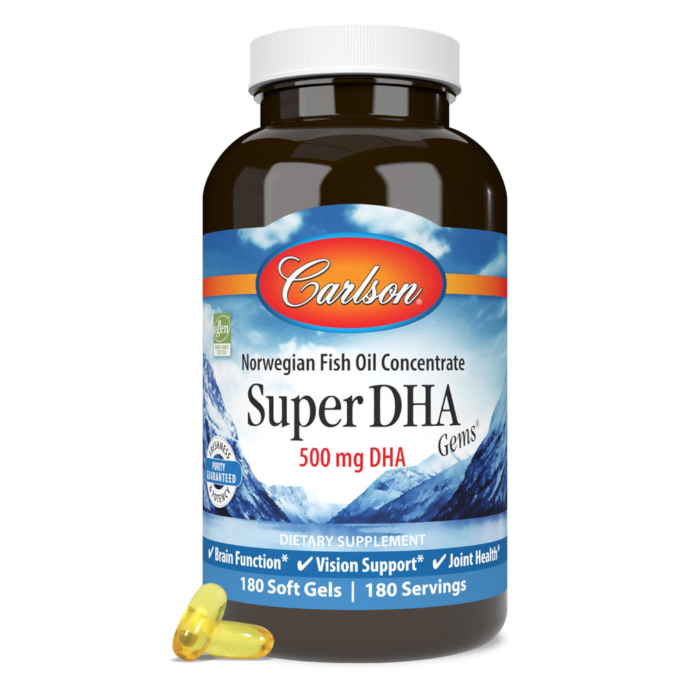 Carlson Super DHA 500 mg softgels bottle supports daily omega-3